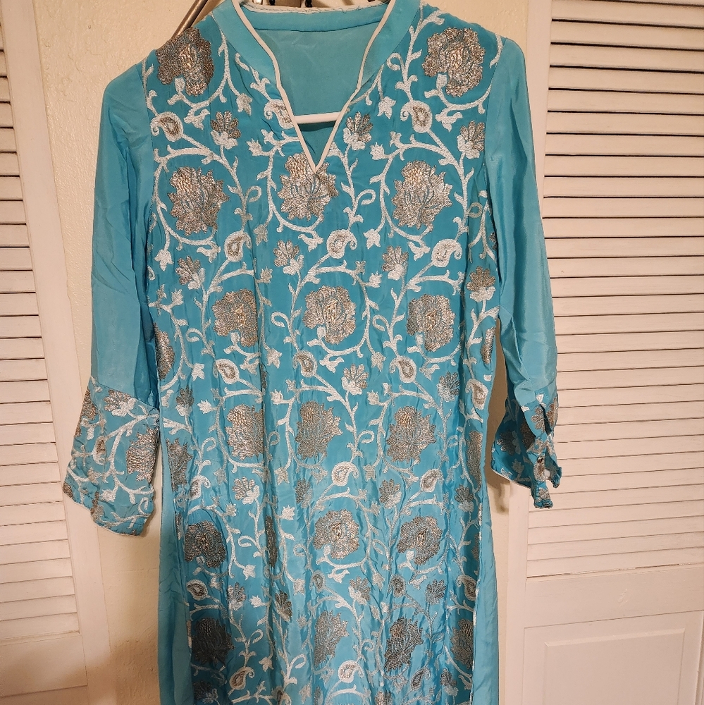 Elegant Blue and Silver Floral Dress